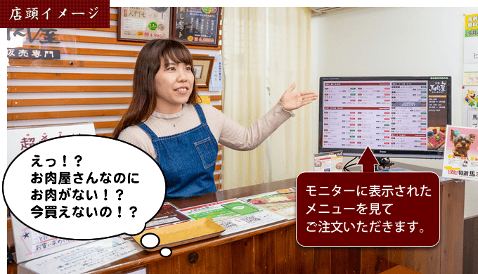 【店頭イメージ】えっ！？お肉屋さんなのにお肉がない！？今買えないの！？→モニターに表示されたメニューを見てご注文いただきます。