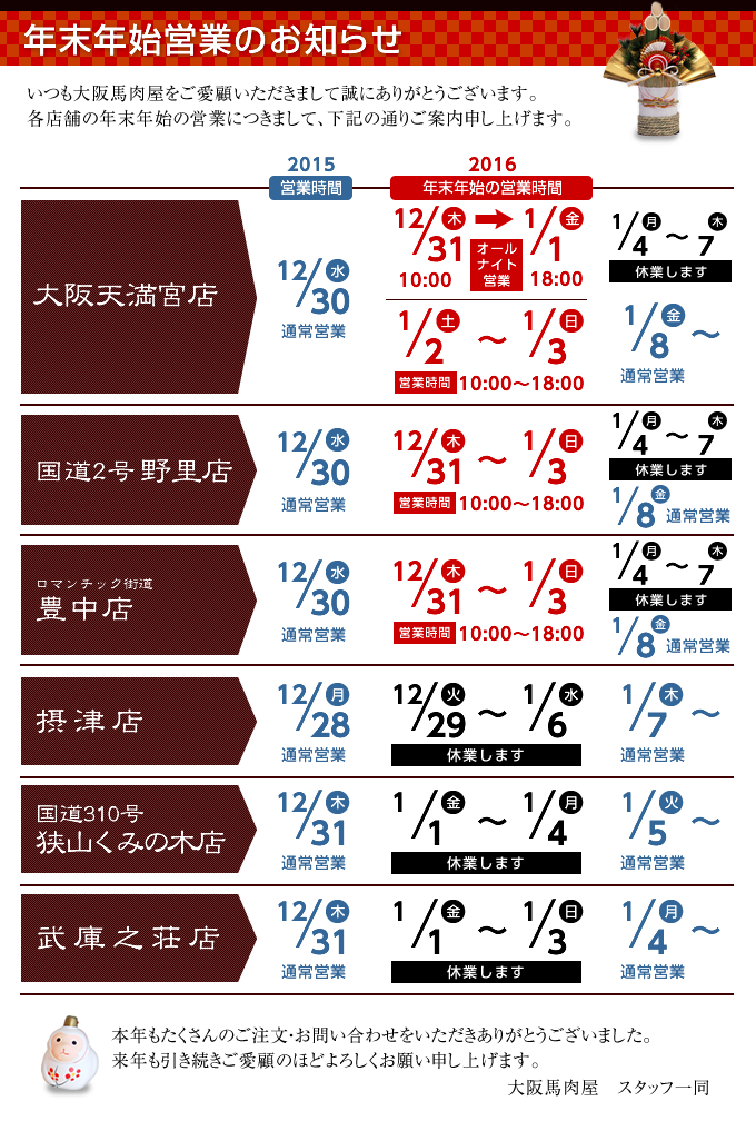 年末年始の営業について